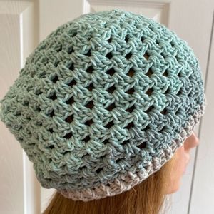 Crochet Winter Hat Granny Square Beanie  Green Cotton Boho Hippie Retro